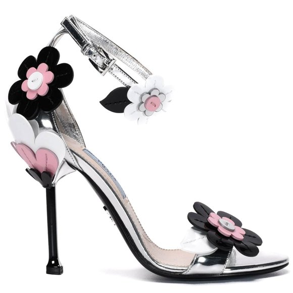 Prada Silver (Argento) Floral Ankle-wrap Patent Leather Sandals - Picture 3 of 6